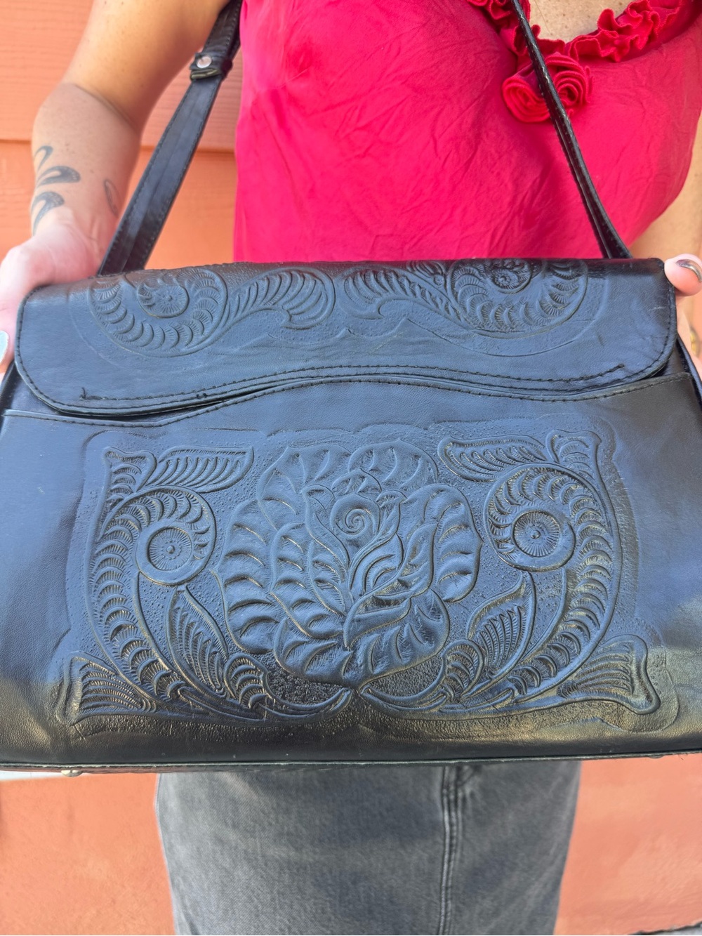 Vintage Mexico Black Tooled Leather Cowhide Western Shoulder Bag - Picture 2 of 11